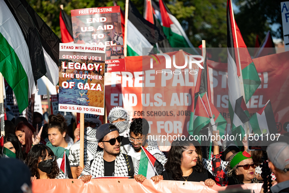 Pro-Palestinian activists marched through the streets of Chicago on August 21, 2024, to protest the Democratic National Committee's conventi...