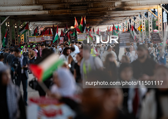 Pro-Palestinian activists marched through the streets of Chicago on August 21, 2024, to protest the Democratic National Committee's conventi...