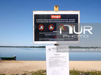 A warning about golden algae blooms in Lake Dzierzno Duze in Rzeczyce, southern Poland on August 20th, 2024. Since the beginning of August,...