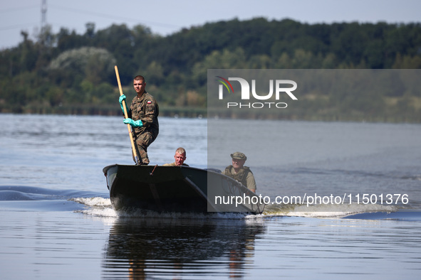 Members of Territorial Defence Force are seen on a boat after removing dead fishes from Lake Dzierzno Duze in Rzeczyce, southern Poland on A...