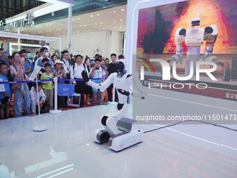 Visitors watch a robot perform Wing Chun at the 2024 World Robot Conference in Beijing, China, on August 22, 2024. (