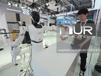 Visitors watch a robot grasping performance at the 2024 World Robot Conference in Beijing, China, on August 22, 2024. (