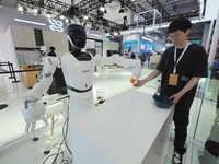 Visitors watch a robot grasping performance at the 2024 World Robot Conference in Beijing, China, on August 22, 2024. (