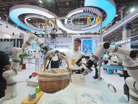 Visitors experience an ''ultra-lightweight humanoid robot arm'' at the 2024 World Robot Conference in Beijing, China, on August 22, 2024. (