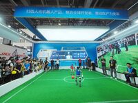 Spectators watch ''robot football'' at the 2024 World Robot Conference in Beijing, China, on August 22, 2024. (