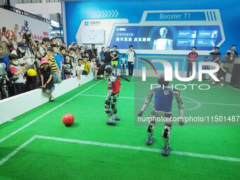 Spectators watch ''robot football'' at the 2024 World Robot Conference in Beijing, China, on August 22, 2024. (