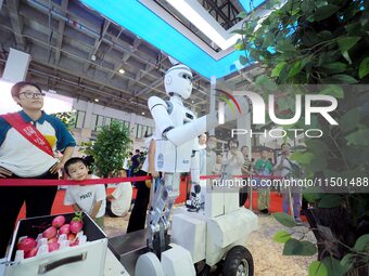 Visitors visit an ''intelligent humanoid picking robot'' at the 2024 World Robot Conference in Beijing, China, on August 22, 2024. (