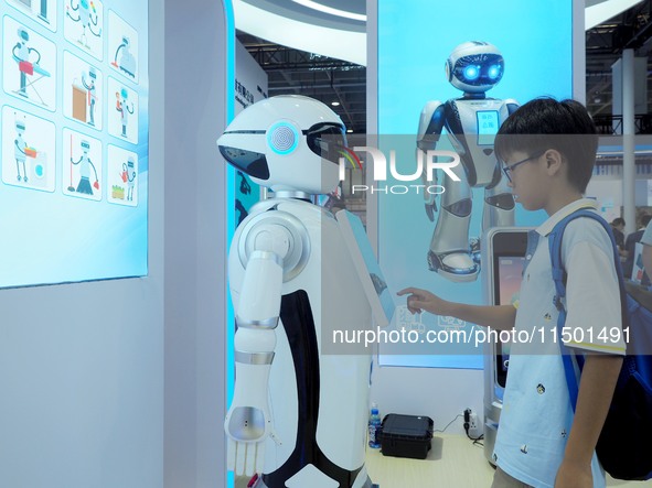 Visitors experience a ''domestic service robot'' at the 2024 World Robot Conference in Beijing, China, on August 22, 2024. 