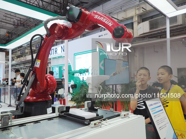 Visitors visit the ''Industrial robot 3D Visual gluing workstation'' at the 2024 World Robot Conference in Beijing, China, on August 22, 202...