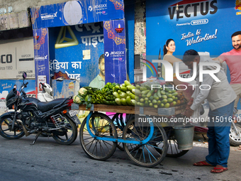 A man sells vegetables from a cart in Haldwani, Uttarakhand, India, on April 23, 2024. (