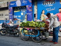 A man sells vegetables from a cart in Haldwani, Uttarakhand, India, on April 23, 2024. (