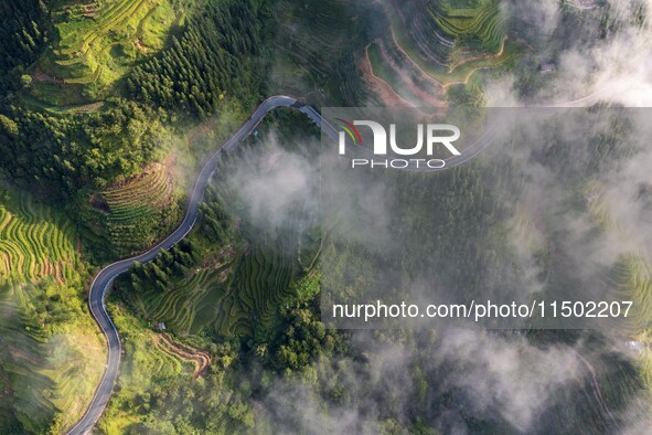 An aerial photo shows a rural road in Baidao village, Congjiang county, in Congjiang, China, on August 22, 2024. 