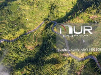 An aerial photo shows a rural road in Baidao village, Congjiang county, in Congjiang, China, on August 22, 2024. (