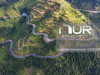 An aerial photo shows a rural road in Baidao village, Congjiang county, in Congjiang, China, on August 22, 2024. (