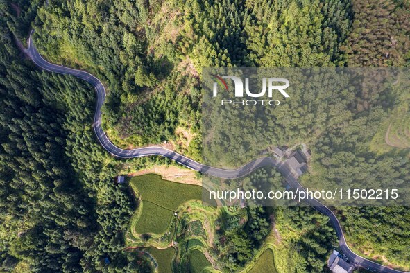 An aerial photo shows a rural road in Baidao village, Congjiang county, in Congjiang, China, on August 22, 2024. 