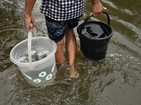 People wade through floodwater in Feni, Chittagong, Bangladesh, on August 23, 2024. (