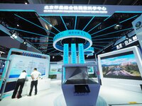 Visitors visit the exhibition area of HICOOL 2024 Global Entrepreneurs Summit at Beijing Huairou Comprehensive National Science Center in Be...