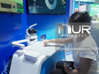 A spectator plays with a Go robot at the HICOOL 2024 Global Entrepreneurs Summit in Beijing, China, on August 23, 2024. (