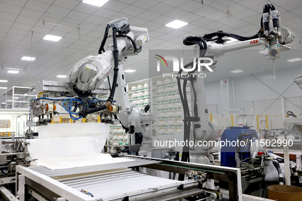 A robot produces a reverse osmosis membrane on a production line at the digital intelligent production workshop of Fujian Huameo Environment...