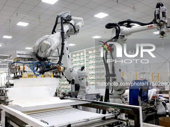 A robot produces a reverse osmosis membrane on a production line at the digital intelligent production workshop of Fujian Huameo Environment...