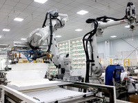 A robot produces a reverse osmosis membrane on a production line at the digital intelligent production workshop of Fujian Huameo Environment...