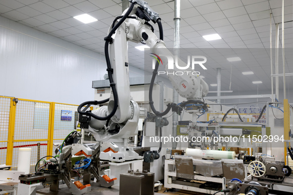 A robot produces a reverse osmosis membrane on a production line at the digital intelligent production workshop of Fujian Huameo Environment...