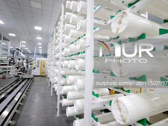 A robot produces a reverse osmosis membrane on a production line at the digital intelligent production workshop of Fujian Huameo Environment...