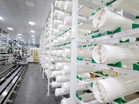 A robot produces a reverse osmosis membrane on a production line at the digital intelligent production workshop of Fujian Huameo Environment...