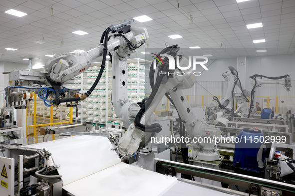 A robot produces a reverse osmosis membrane on a production line at the digital intelligent production workshop of Fujian Huameo Environment...