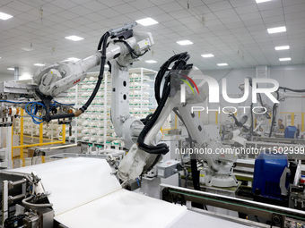 A robot produces a reverse osmosis membrane on a production line at the digital intelligent production workshop of Fujian Huameo Environment...