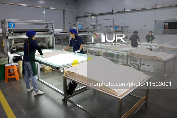 Workers produce reverse osmosis membranes on a production line at the digital intelligent production workshop of Fujian Huameo Environmental...