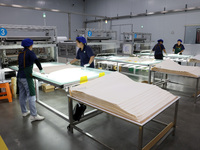 Workers produce reverse osmosis membranes on a production line at the digital intelligent production workshop of Fujian Huameo Environmental...