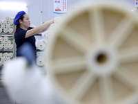 A worker produces reverse osmosis membranes on a production line at the digital intelligent production workshop of Fujian Huameo Environment...