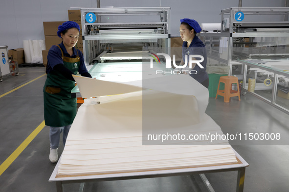 A worker produces reverse osmosis membranes on a production line at the digital intelligent production workshop of Fujian Huameo Environment...