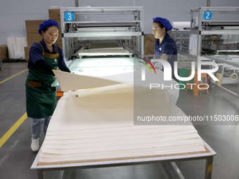 A worker produces reverse osmosis membranes on a production line at the digital intelligent production workshop of Fujian Huameo Environment...