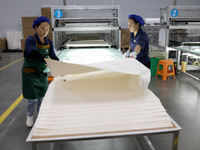 A worker produces reverse osmosis membranes on a production line at the digital intelligent production workshop of Fujian Huameo Environment...