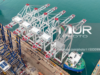 The first five ultra-large shore cranes are sent to Egypt at the West Coast New Area in Qingdao, Shandong province, China, on August 23, 202...