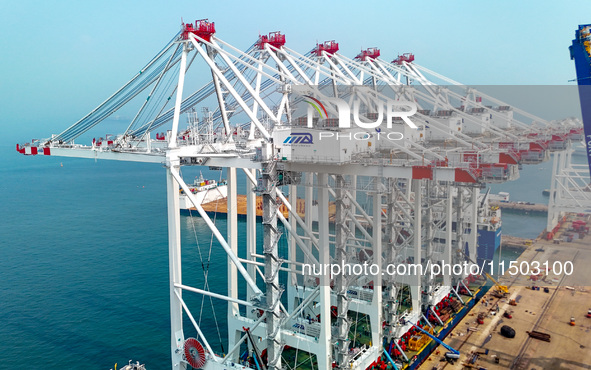 The first five ultra-large shore cranes are sent to Egypt at the West Coast New Area in Qingdao, Shandong province, China, on August 23, 202...