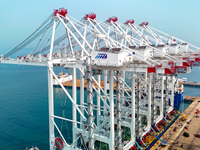 The first five ultra-large shore cranes are sent to Egypt at the West Coast New Area in Qingdao, Shandong province, China, on August 23, 202...