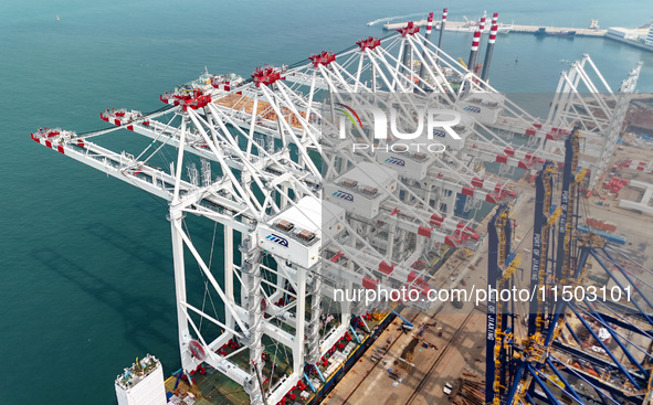 The first five ultra-large shore cranes are sent to Egypt at the West Coast New Area in Qingdao, Shandong province, China, on August 23, 202...