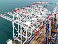 The first five ultra-large shore cranes are sent to Egypt at the West Coast New Area in Qingdao, Shandong province, China, on August 23, 202...