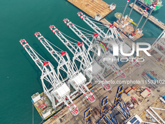 The first five ultra-large shore cranes are sent to Egypt at the West Coast New Area in Qingdao, Shandong province, China, on August 23, 202...