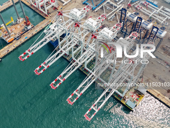 The first five ultra-large shore cranes are sent to Egypt at the West Coast New Area in Qingdao, Shandong province, China, on August 23, 202...