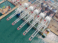 The first five ultra-large shore cranes are sent to Egypt at the West Coast New Area in Qingdao, Shandong province, China, on August 23, 202...