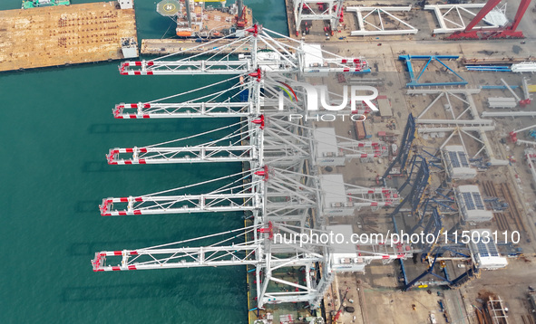 The first five ultra-large shore cranes are sent to Egypt at the West Coast New Area in Qingdao, Shandong province, China, on August 23, 202...