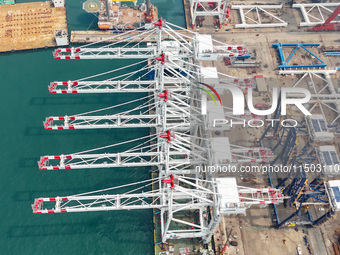 The first five ultra-large shore cranes are sent to Egypt at the West Coast New Area in Qingdao, Shandong province, China, on August 23, 202...