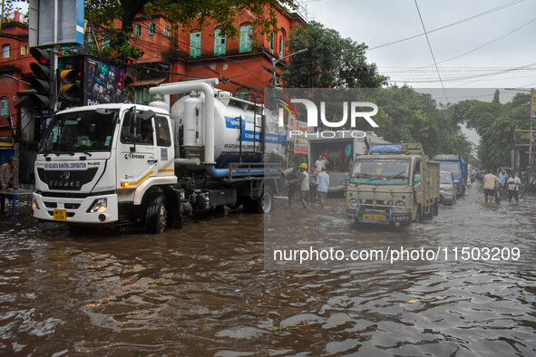 A waterlogged road as seen in Kolkata, India, on August 23, 2024. 