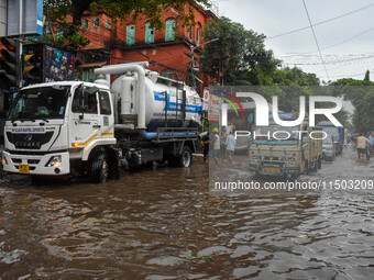 A waterlogged road as seen in Kolkata, India, on August 23, 2024. (