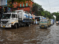 A waterlogged road as seen in Kolkata, India, on August 23, 2024. (