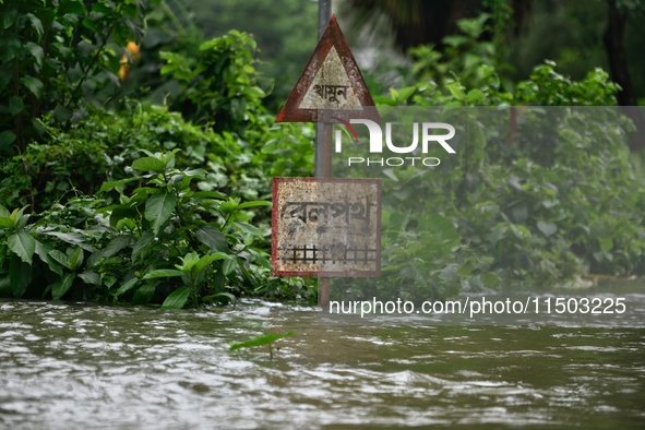 A rail crossing signal is submerged as the rail track area is flooded in Feni, Chittagong, Bangladesh, on August 23, 2024. 